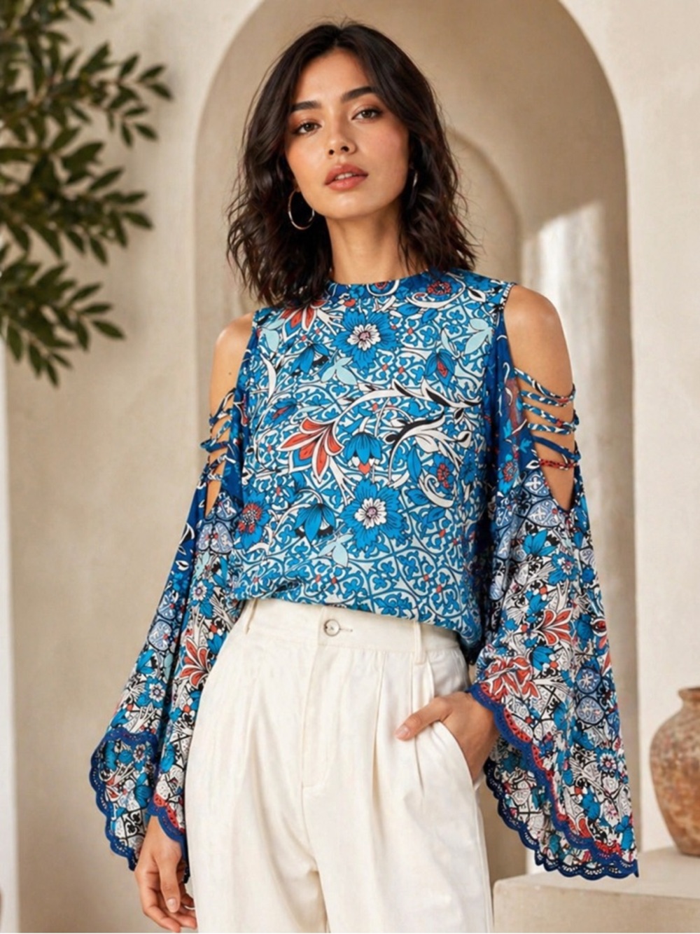 Johnny Was Bondi Blouse Large Blue Floral Cold Shoulder Boho Bell Sleeve Top